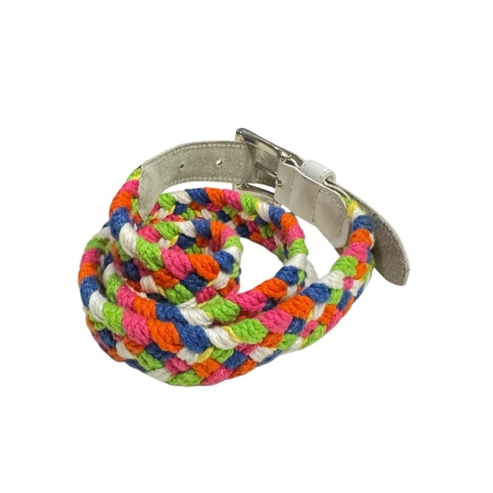 Vintage 1980s Liz Claiborne Braided Belt | Multicolor Cotton White Leather Trim